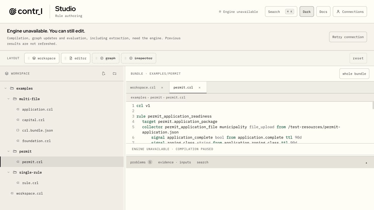 CONTRL Studio: the file tree and permit rule editor.